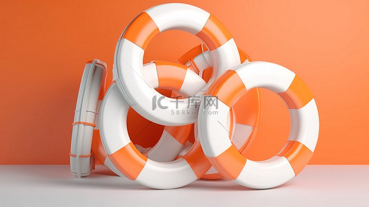充满活力的橙色和白色橡胶救生圈非常适合 3D 渲染的暑假装饰
