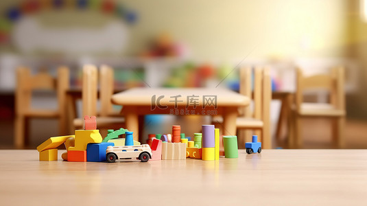 在模糊背景下的背景图片_木桌蒙太奇，具有充足的复制空间，在儿童游戏室幼儿园 3D 渲染的模糊背景下