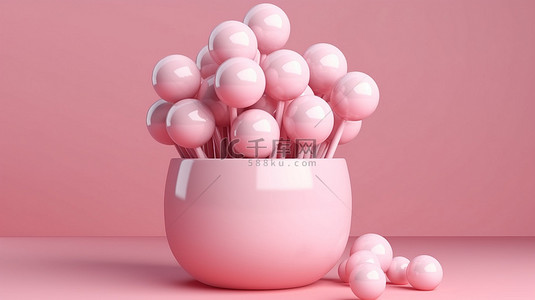 水果棒棒糖背景图片_粉红色棒棒糖在白色陶瓷罐中，粉红色背景 3d 渲染集