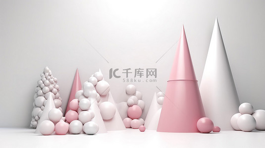 白色讲台和粉红色圆锥 3d 渲染的圣诞氛围，白色背景上有球体和树木