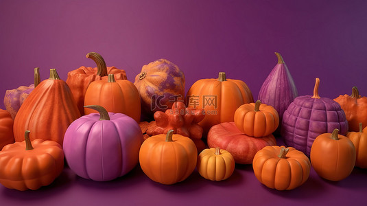 在充满活力的紫色背景上通过 3D 渲染展示不同色调的橙色南瓜的排列