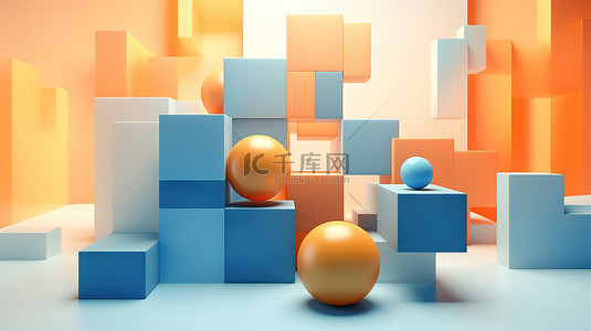 蓝色背景组合背景图片_柔和的橙色和蓝色几何形状组合的 3D 渲染插图