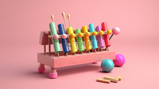 粉红色背景上带有木槌的木制木琴的充满活力的 3D 渲染