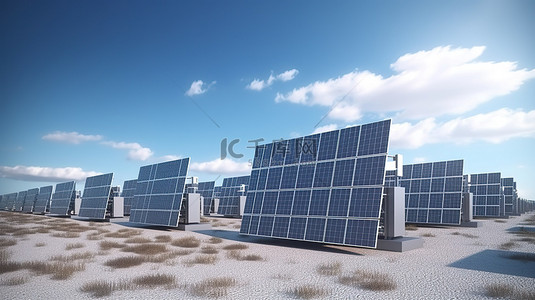 太阳能发电的高级 3D 模拟利用太阳能电池板模块在蓝天上利用替代能源