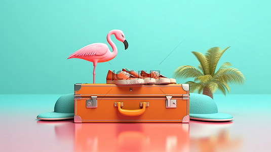 为夏天做好准备，充满活力的 3D 插图包含手提箱火烈鸟浮动人字拖和太阳镜