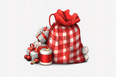 一个红色圣诞袋，里面装着礼物和装饰品PNG剪贴画