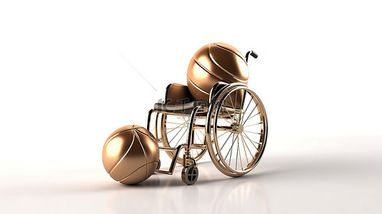 体育冠军金色奖杯轮椅和篮球在 3D 渲染中的白色背景