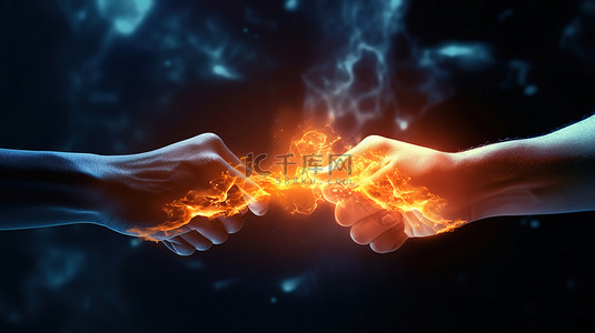 合作的双手背景图片_3d 效果特写互锁双手与象征相互支持的炽热火焰
