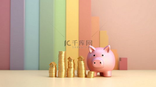 猪的背景背景图片_存钱罐的 3D 渲染，形状像一座房子，金币堆放在柔和的背景下不断增长的图表上