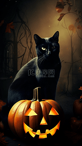 黑色的猫背景图片_万圣节南瓜灯猫咪恐怖背景