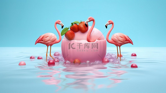 火烈鸟漂浮在融化的草莓冰淇淋海洋中的 3D 插图，复制空间非常适合夏季主题设计