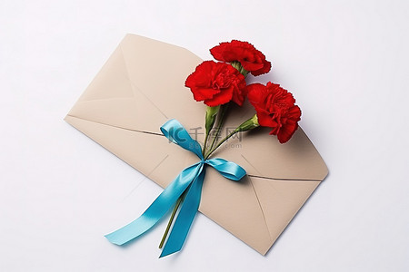 白色背景上的红色康乃馨和花信封，带蓝丝带