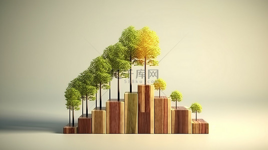 图表条形图背景图片_3D 渲染的树木排列条形图的插图，显示进度和成功