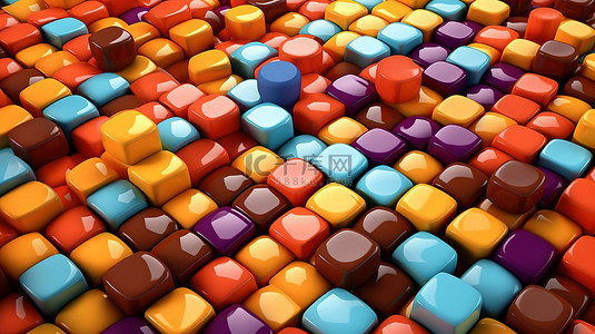 果冻黄色背景图片_充满活力的方形糖果设计彩色巧克力糖果的顶视图 3D 渲染