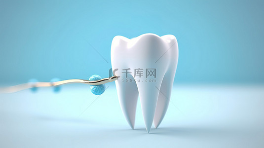 蓝色箭头指向的坚固牙齿的 3D 模型