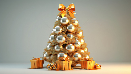 3D 渲染节日圣诞节和新年树的插图，装饰着小玩意和丝带