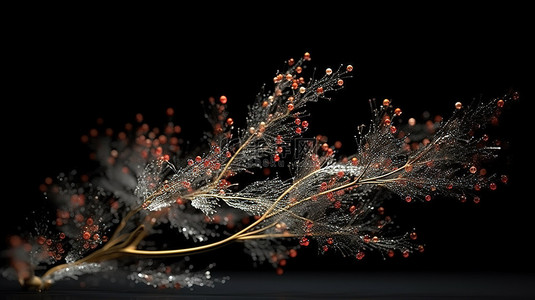 优雅的颗粒在引人注目的 3D 渲染中装饰着时尚的圣诞树枝