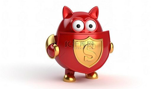 白色背景 3D 渲染角色吉祥物，带有红色金属盾，用于保护持有存钱罐和金币