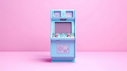街机屏幕背景图片_双色调风格的空白屏幕游戏街机，以粉红色背景 3D 渲染为特色