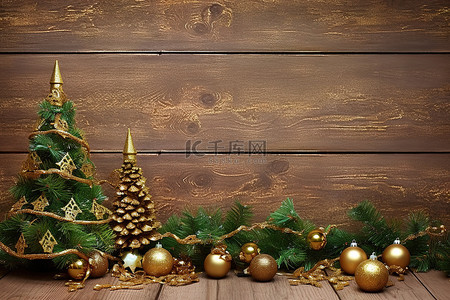 小金色背景图片_木桌背景上的小金色圣诞树