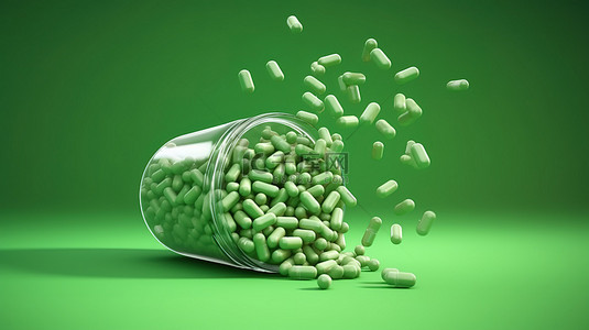 在充满活力的绿色背景上从瓶子中倒出心形药物的 3D 渲染