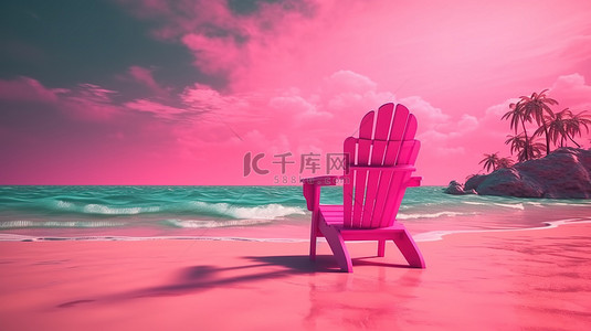 粉红色天空夏季热带海滩背景的 3D 渲染与放松的沙滩椅