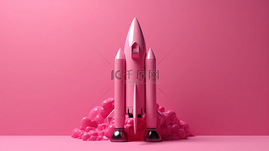 3D 宇宙飞船图标在充满活力的粉红色背景下起飞，说明初创企业的成功