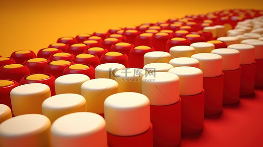 盆腔疼痛背景图片_黄色背景，3D 插图中均匀排列着白色和红色药物胶囊和药片