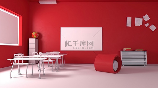 白板教室背景图片_数字教室设计 3D 渲染白板在充满活力的红墙上