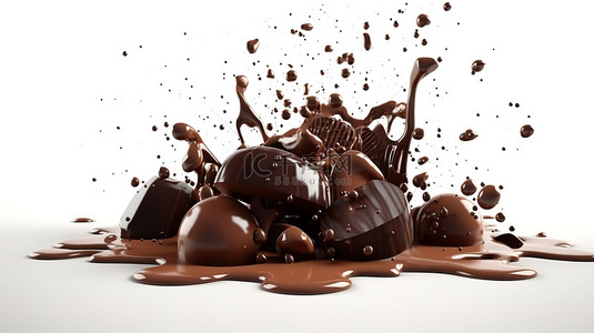 白色巧克力蛋糕背景图片_白色背景上的 3D 渲染中的巧克力在半空中分解