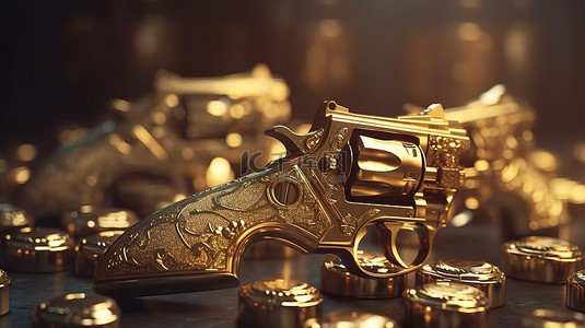 具有军事电影背景的枪支的强烈特写，采用豪华的 3D 电影插画风格