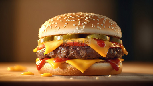 3D 渲染美味的汉堡包，配肉奶酪和番茄