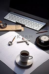桌子键盘背景图片_咖啡和桌子上的一些办公用品