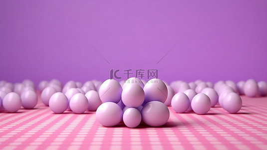 白色圆点背景图片_带有白色圆点和粉红色鸡蛋显示的丁香桌的 3D 渲染
