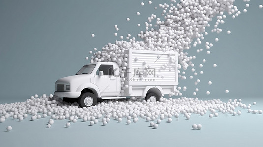 一堆白色药丸从一辆移动的白色卡车上溢出 3D 插图