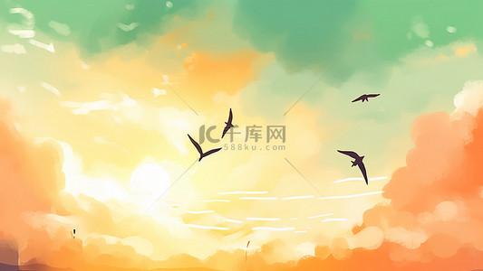 国潮插画边框背景图片_天空彩色云朵黄色鸟类