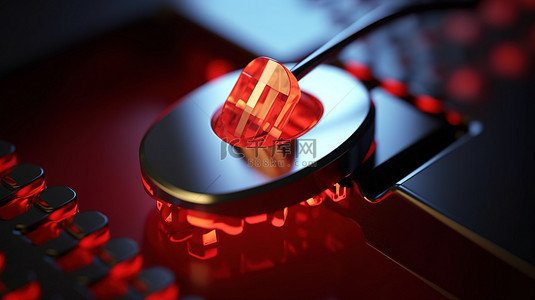 红色登录背景图片_带鼠标手光标的红色挂锁按钮的 3D 插图