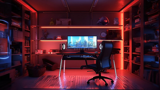 可替换视频背景图片_视频游戏爱好者房间的 3D 渲染内部