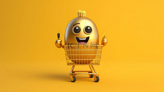 拿奖背景图片_吉祥物人物的 3D 渲染，购物车手推车在充满活力的黄色背景上拿着金奖奖杯