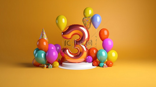充满活力的气球 3 岁生日庆祝背景以 3d 渲染