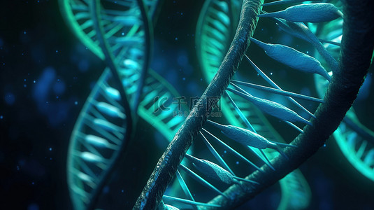 绿色背景医疗背景图片_蓝色和绿色背景下 DNA 螺旋的 3D 渲染，具有充足的文本空间