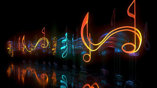 水音符背景图片_黑色背景上带有照明颜色的曲线形音符和符号的 3D 插图