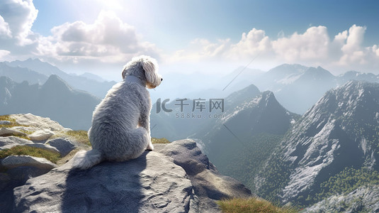 山景晚霞背景图片_犬类在山顶放松 3D 渲染