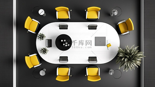 企业介绍背景图片_当代顶视图会议室的 3D 渲染，配有时尚的黑色办公桌和明亮的白色和黄色椅子