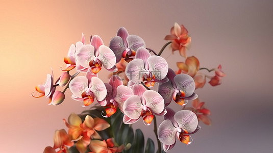 精致的兰花花束设置在轻微纹理的背景 3D 渲染上