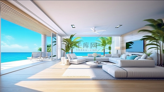 高档家居背景图片_高档海滨别墅的现代 3D 渲染，具有现代室内设计和令人惊叹的海景