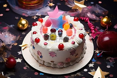 一个生日蛋糕，周围有装饰品和装饰品