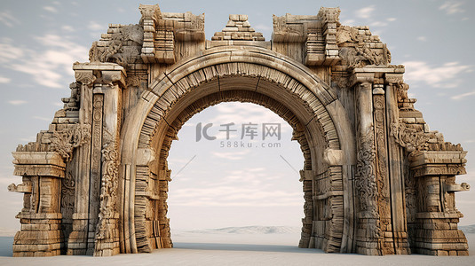 中世纪木制拱形城堡门的 3d 渲染打开