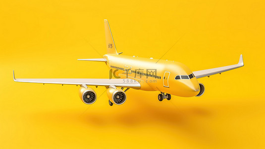 充满活力的黄色背景下飞机的简约 3D 渲染