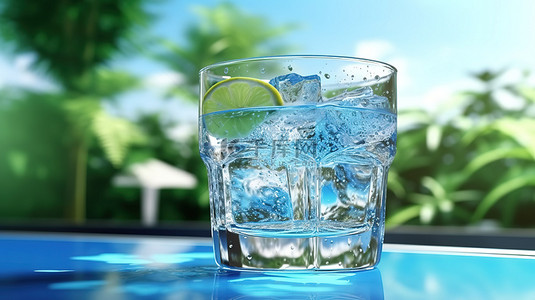 蓝色冰背景背景图片_热带环境中的清凉饮料 3D 渲染杯冰水